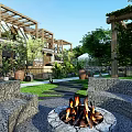 Scenic Guesthouse Building With Courtyard Terrace and Lush Greenery Surrounded by Trees