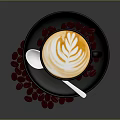 Coffee Latte Art in Black Cup on Saucer with Scattered Coffee Beans and Silver Spoon