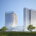 Modern Twin Office Towers With Glass Facade Green Landscaping And Surrounding Lawn Trees