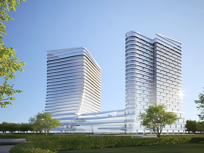 Modern Twin Office Towers With Glass Facade Green Landscaping And Surrounding Lawn Trees 3d model