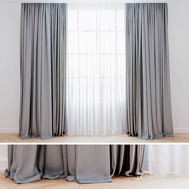Gray Curtains With White Sheer For Elegant Window Interior Decoration 3d model