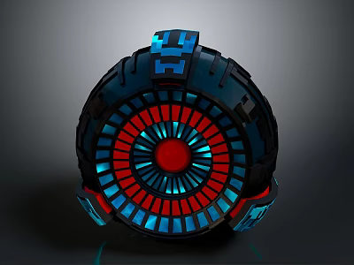 Futuristic Circular Tech Device Featuring Glowing Red Blue Ring And Geometric Patterns 3d model