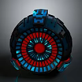Futuristic Circular Tech Device Featuring Glowing Red Blue Ring And Geometric Patterns