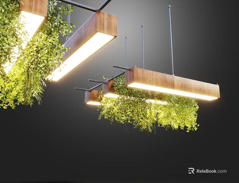 Modern Long Wooden Pendant Lights Illuminated With Hanging Lush Green Vines 3d model 