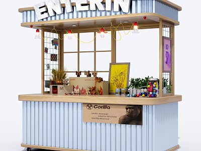 Functional Mobile Cart With Wooden Structure String Lights Plants And Decorative Items 3d model