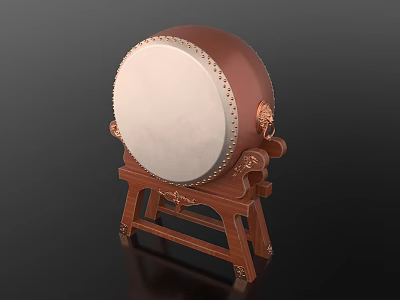 Traditional Brown Musical Drum With White Head And Golden Decorations On Wooden Stand 3d model