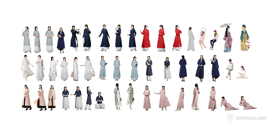 Group of People Wearing Various Traditional Modern Outfits in Fashion 3d model 