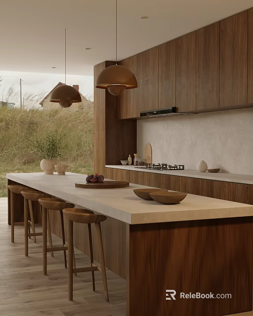 Modern Kitchen Interior With Wooden Cabinets Light Colored Countertop Island Counter Pendant Lights And Bowls 3d model 
