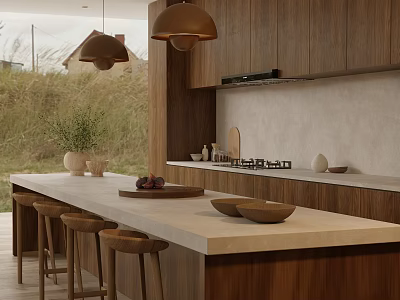 Modern Kitchen Interior With Wooden Cabinets Light Colored Countertop Island Counter Pendant Lights And Bowls 3d model