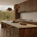 Modern Kitchen Interior With Wooden Cabinets Light Colored Countertop Island Counter Pendant Lights And Bowls