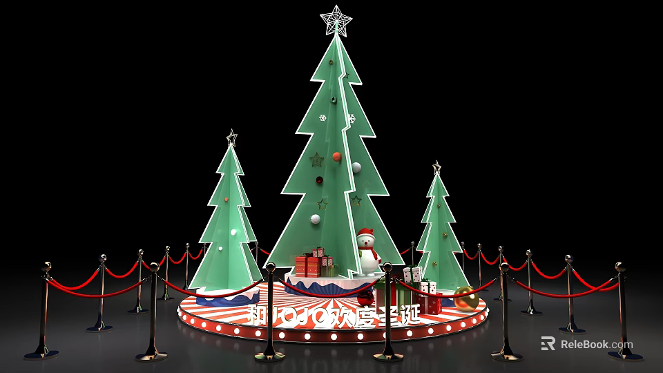 Christmas Decoration Display With Green Trees Snowman And Gift Boxes 3d model 