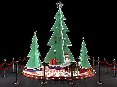 Christmas Decoration Display With Green Trees Snowman And Gift Boxes 3d model
