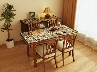 Dining Table Set With Wooden Frame Patterned Tabletop Chairs Fruit Side Cabinet And Potted Plant 3d model