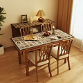 Dining Table Set With Wooden Frame Patterned Tabletop Chairs Fruit Side Cabinet And Potted Plant