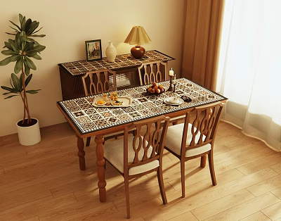 Dining Table Set With Wooden Frame Patterned Tabletop Chairs Fruit Side Cabinet And Potted Plant 3d model