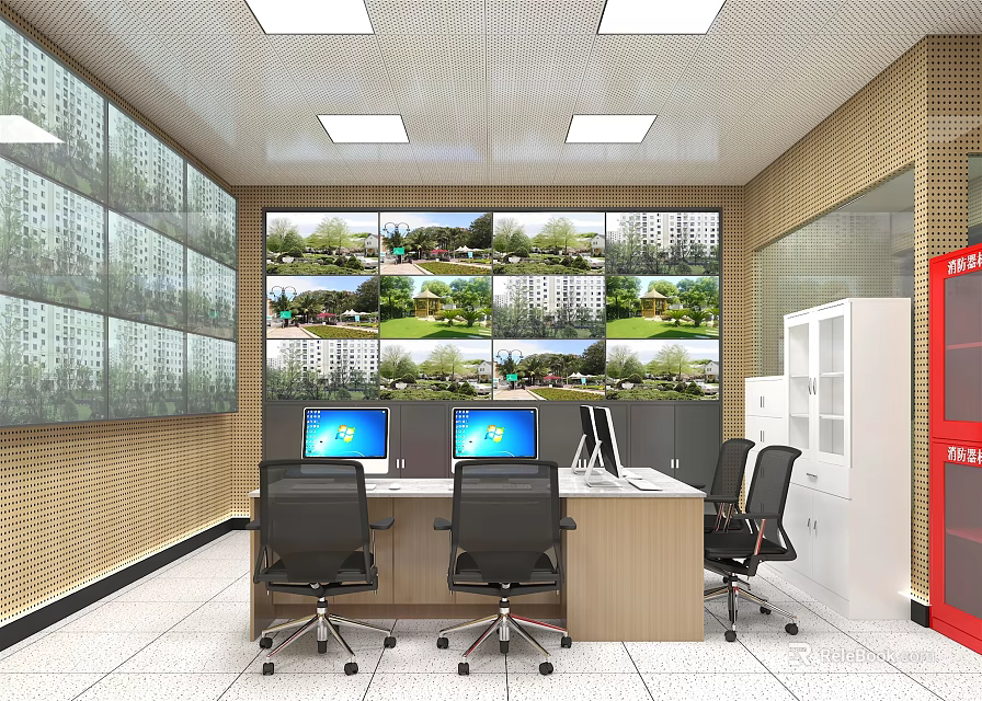 Modern Monitoring Room Interior With Multiple Surveillance Screens Workstation Computers And Chairs 3d model 