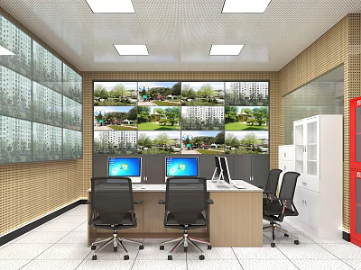 Modern Monitoring Room Interior With Multiple Surveillance Screens Workstation Computers And Chairs 3d model