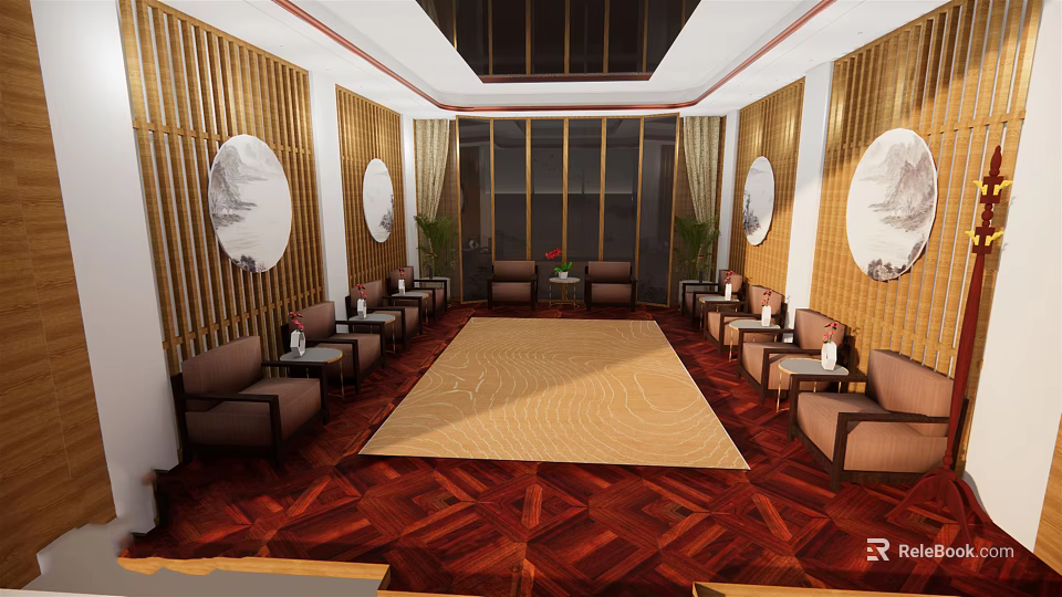 Hotel Public Lounge Area With Bamboo Paneling Round Ink Paintings Wooden Flooring And Brown Sofas 3d model 