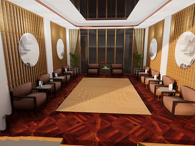 Hotel Public Lounge Area With Bamboo Paneling Round Ink Paintings Wooden Flooring And Brown Sofas 3d model