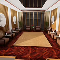 Hotel Public Lounge Area With Bamboo Paneling Round Ink Paintings Wooden Flooring And Brown Sofas