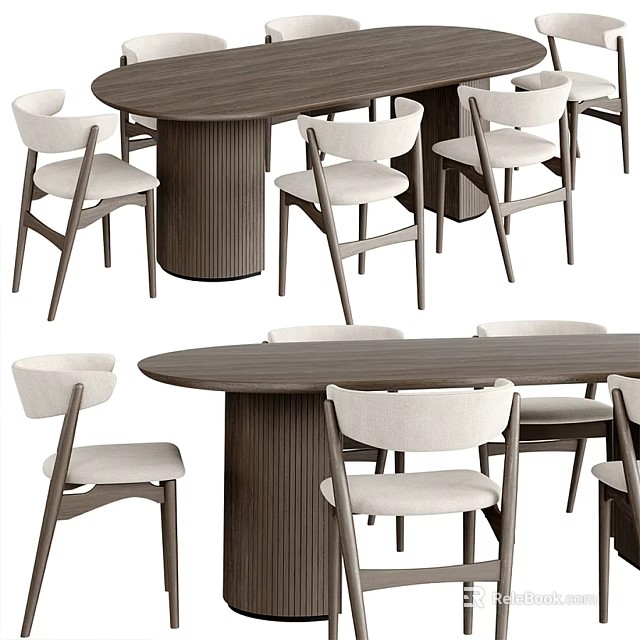 Modern Wooden Dining Table Set With Beige Upholstered Chairs And Classic Design 3d model 