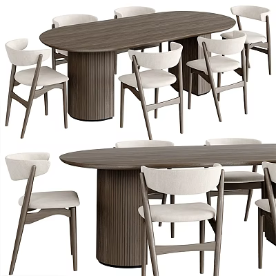 Modern Wooden Dining Table Set With Beige Upholstered Chairs And Classic Design 3d model
