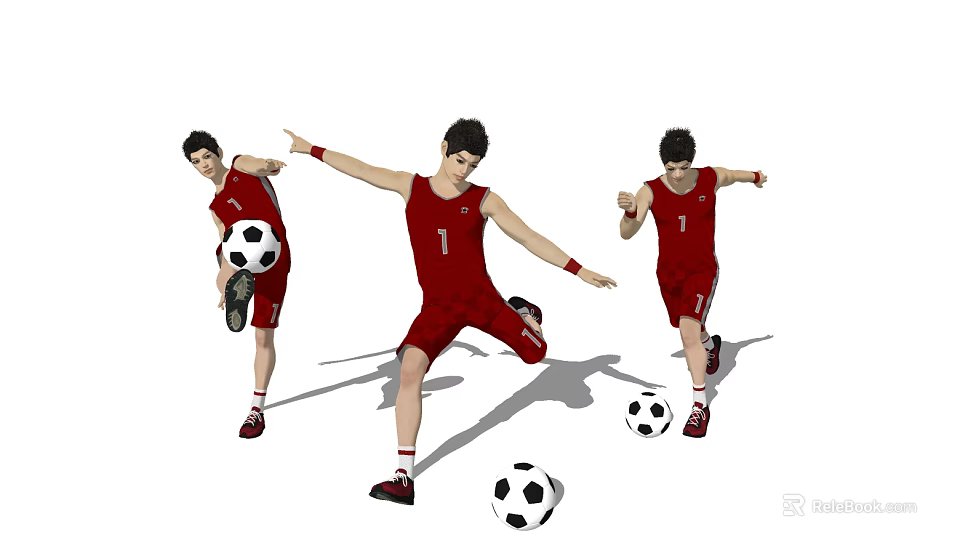 Men In Red Sports Uniform Number 1 Playing Football With Multiple Soccer Balls 3d model 