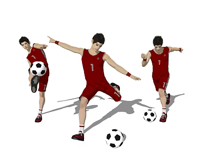 Men In Red Sports Uniform Number 1 Playing Football With Multiple Soccer Balls 3d model