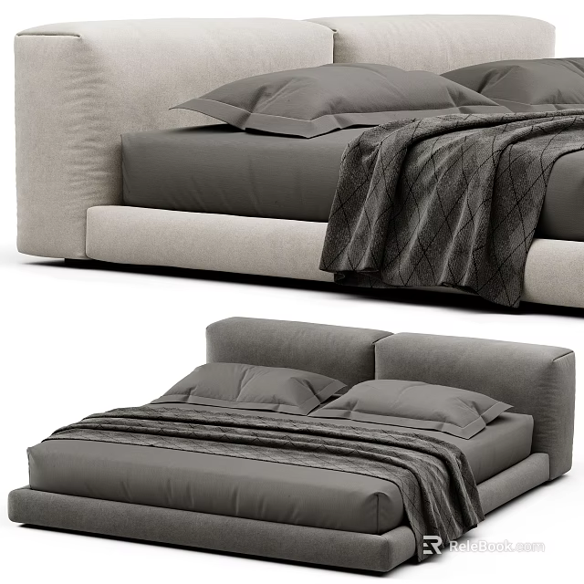 Modern Minimalist Double Bed with Gray Bedding Pillows and Cozy Blanket in Bedroom 3d model 