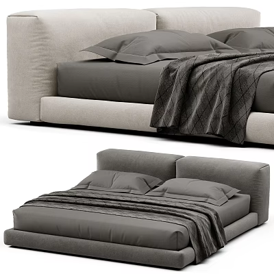 Modern Minimalist Double Bed with Gray Bedding Pillows and Cozy Blanket in Bedroom 3d model