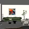 Modern Green Sofa and Coffee Table Set with Colorful Abstract Painting Potted Plant and Rug