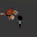 Curly Haired Little Girl Facing Big Orange Fish With Large Eyes On Dark Background