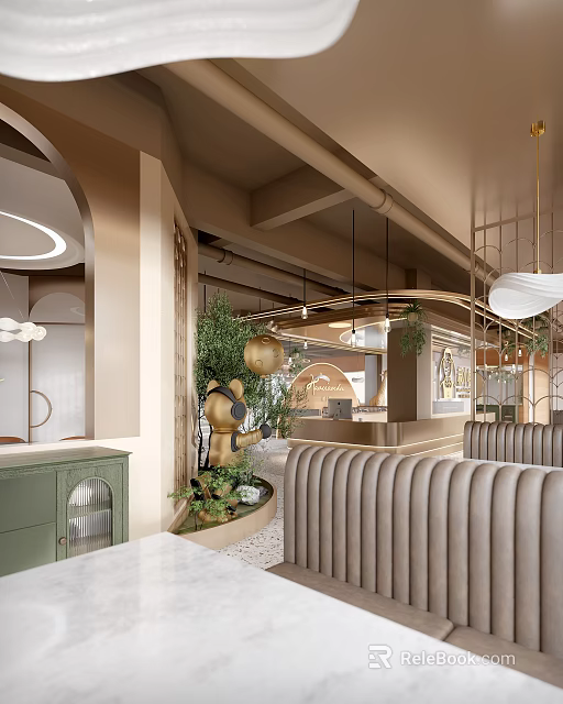 Modern Restaurant Interior Design With Beige Green Decor Plants Golden Sculpture And Curved Booth Seats 3d model 