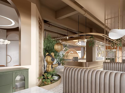 Modern Restaurant Interior Design With Beige Green Decor Plants Golden Sculpture And Curved Booth Seats 3d model
