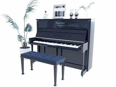 Elegant Black Kingsbury Piano With Blue Bench Art Frames And Plants 3d model