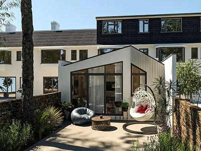 Modern Garden Landscape with Hanging Chair Sofa Stone Wall and Green Plants in Patio 3d model