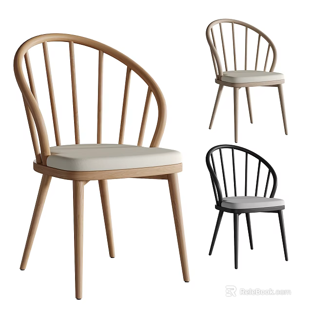 Modern Dining Chairs With Curved Backrest And Upholstered Seat In Natural Wood And Black 3d model 