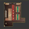Indoor Scenery With Wooden Floors Arched Windows Purple Curtains Bar Counter And Green Tables