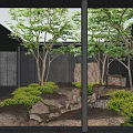 Tranquil Garden Landscape With Natural Rocks Small Trees Lush Shrubs And Dark Pillars