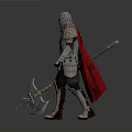 Man in Silver Armor Holding Battle Axe With Red Cape Standing