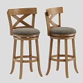 Rustic Solid Wood X Back Bar Stools With Comfortable Upholstered Swivel Seat For Home Kitchen
