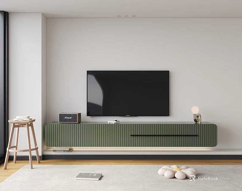 Modern Green TV Stand with Vertical Stripes in Living Room TV and Decorative Items 3d model 