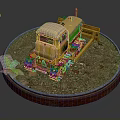 Vintage Bulldozer Model Displayed On Circular Wooden Base With Dirt Gravel And Fern Plant
