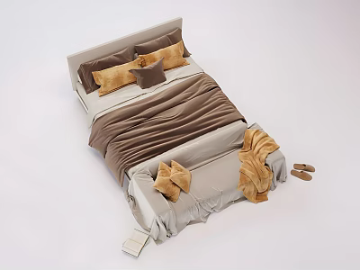 Cozy Double Bed with Brown Bedding Light Sofa Pillows Slippers and Book 3d model