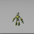 Robot Character With Silver Head Blue Eyes Green Yellow Metallic Body 3D Model Standing Pose