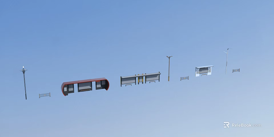 Different Designs Bus Station With Benches Street Lamps And Red Roof Under Blue Sky 3d model 