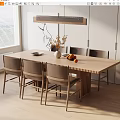 Minimalist Wooden Dining Table Set with Chairs Vase Dried Flowers Fruits and Hanging Light