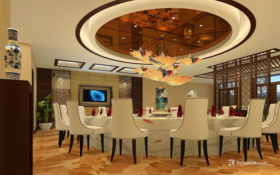 Luxurious Private Dining Room Interior With Round Table White Chairs Chandelier TV And Wall Art 3d model 