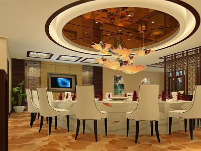 Luxurious Private Dining Room Interior With Round Table White Chairs Chandelier TV And Wall Art 3d model