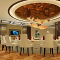 Luxurious Private Dining Room Interior With Round Table White Chairs Chandelier TV And Wall Art